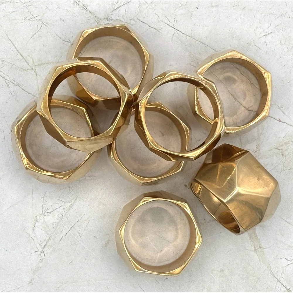 Set of 8 Solid‎ Brass Faceted Napkin Rings Modern Geometric Brutalist Style EUC